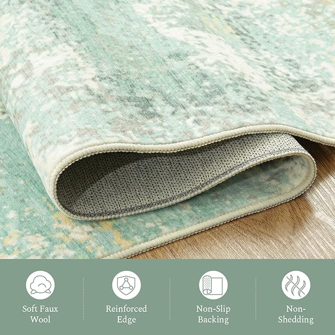 Rugflix 8x10 Area Rugs for Living Room, Washable Large Rug Stain-Resistant Low Pile, Modern Carpet for Dining Room Home Office Kid Room Nursery Bedroom, Light Green