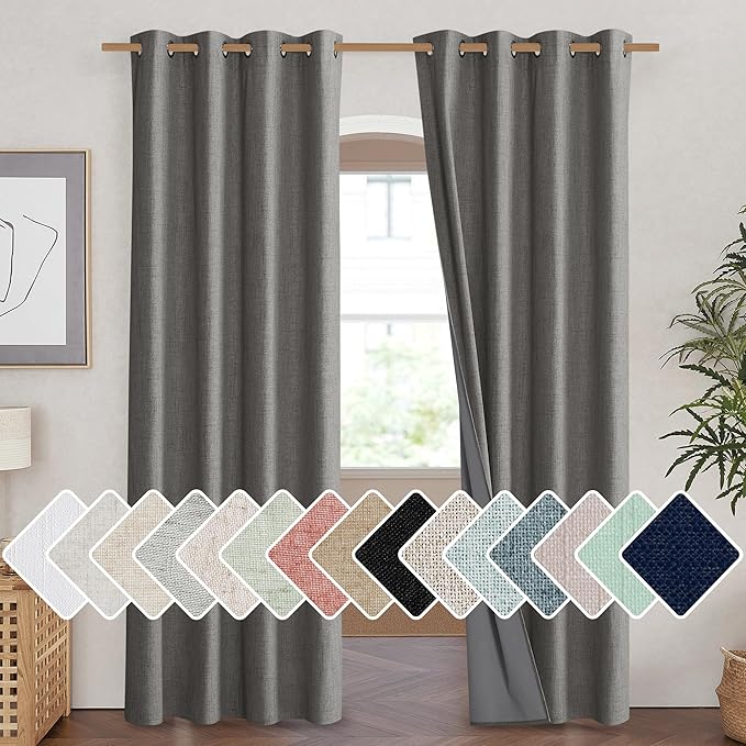 NICETOWN Grizzle Gray Vintage Linen 100% Blackout Curtains for Living Room, Thermal Insulated Curtains 90" Long, Noise Reducing Window Treatment Drapes for Home Cinema, 52" Wide Per Panel, Set of 2