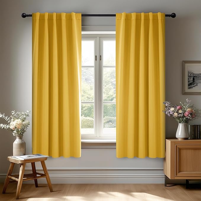 Deconovo Short Blackout Curtains for Small Windows Thermal Insulated Rod Pocket and Back Tab Curtains 42Wx45L Inch Mellow Yellow 2 Panels