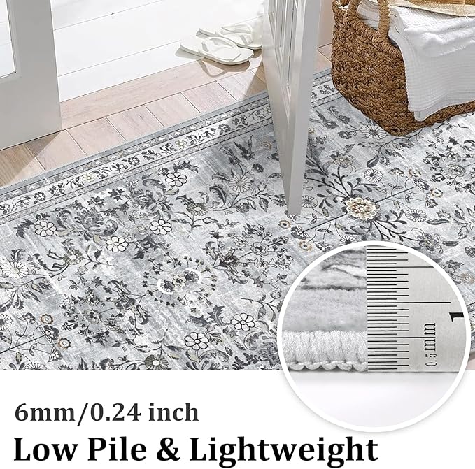 Yamaziot Washable Runner Rug 2x8 – Non Slip Boho Floral Hallway Runner Rug with Rubber Backing, Low Pile Faux Wool Distressed Carpet for Kitchen, Laundry, Bedroom, Entrance, Gray