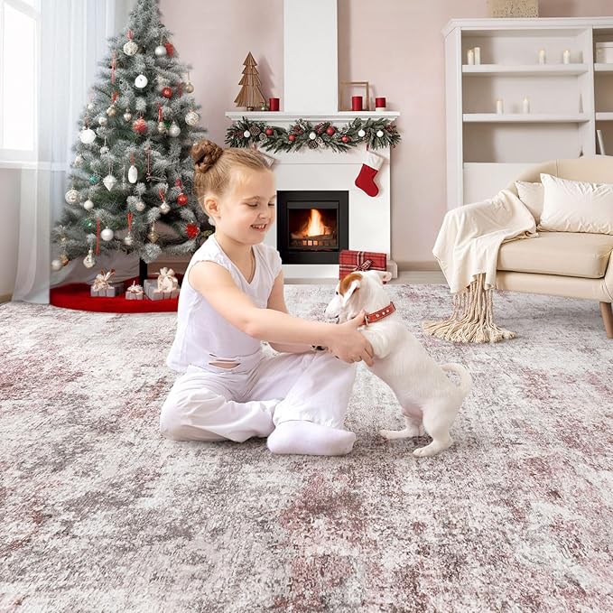 UERMEI 9x12 Area Rug Living Room Rugs - Washable Neutral Modern Abstract Soft Thin Large Rug Indoor Floor No Slip Rug Carpet for Bedroom Under Dining Table Home Office Decor - Pink