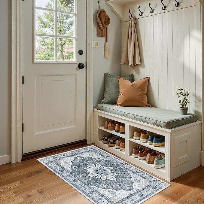 Area Rugs 2'x4' Kitchen Rugs Entry Rug Small Rugs for Entryway Kitchen Bathroom Door Mat Indoor Entrance,Washable Non Slip, Light Gray Grey White