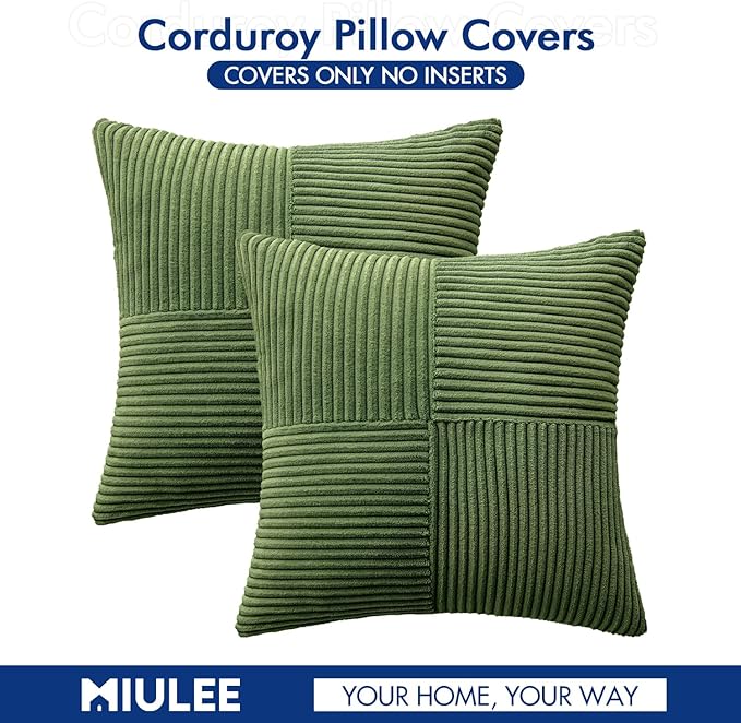 MIULEE Moss Green Decorative Throw Pillow Covers 18x18 Inch for Couch Bed Sofa Spring Decor Pack of 2 Boho Farmhouse Throw Pillows Soft Cross Corduroy Patchwork Textured Cushion Cases