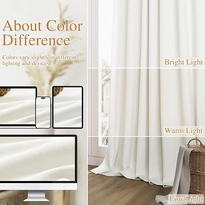 Guken 100% Blackout Linen Curtains 42 Inch Wide by 108 Inch 2 Panels Set for Living Room Bedroom Back Tab Thermal Insulated Black Out Linen Drapes Room Darkening Window Curtains, Ivory