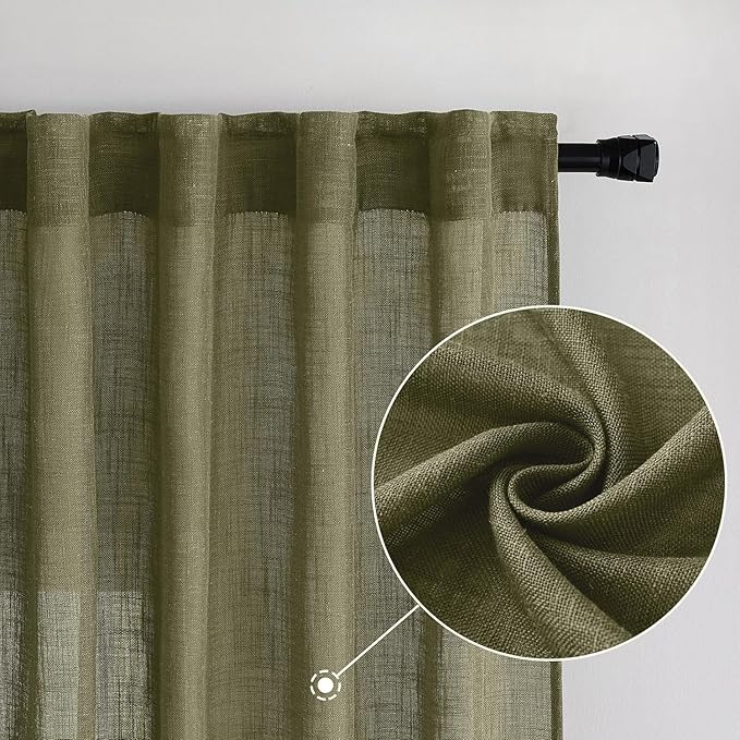MIULEE Light Olive Green Linen Curtains 90 Inch Long 2 Panels for Bedroom Living Room, Soft Linen Textured Natural Window Drapes Semi Sheer Light Filtering Back Tab Rod Pocket Burlap Look Decor
