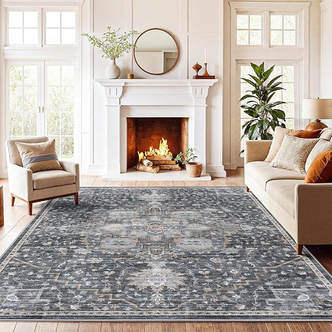 AMADA HOMEFURNISHING 5x7 Area Rugs, Washable Living Room Rug Low-Profile with Non-Slip Backing & Durable Edge Binding, Vintage 5x7 Rugs for Living Room, Bedroom, Dining Room