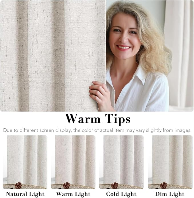 H.VERSAILTEX Linen Curtains 100% Blackout Curtains for Bedroom 90 inch Long Full Light Blocking Nature Linen Blended Window Curtains for Living Room Nickel Grommet (2 Panels, Ivory)