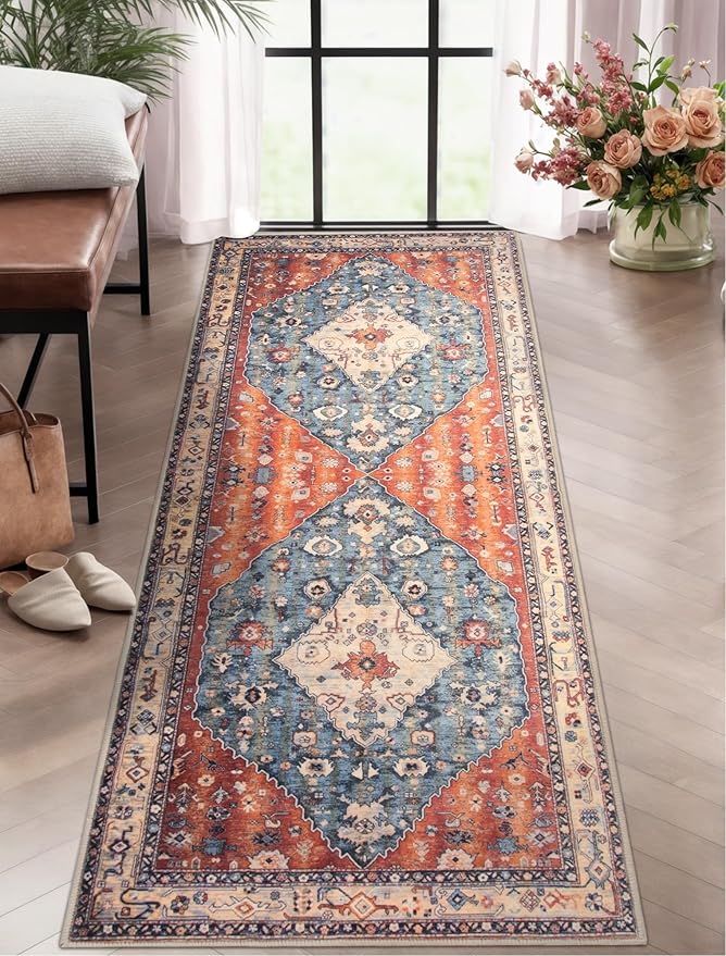 SERISSA Boho Washable Runner Rug, 2x5 Rug Non-Slip Tribal Hallway Kitchen Runner Rug Ultra Soft Print Distressed Vintage Floor Carpet for Bedroom Bathroom Laundry Living Room