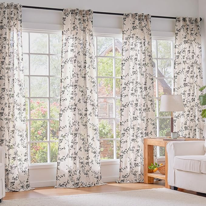 Lazzzy Black Floral Linen Curtains 96 Inch Farmhouse Back Tab Drapes for Living Room Bedroom Light Filtering Vintage Grandmillennial Rod Pocket Curtains, 2 Panels, W38 x L96, Black on Beige