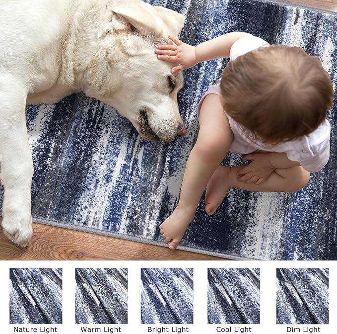 Lansny Modern Abstract Runner Rug 2x5, Navy Blue Washable Entryway Kitchen Runner Non-Slip Soft Hallway Rug Runner Thin Print Faux Wool Carpet for Bedroom Laundry Room Indoor