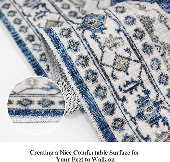 Hallway Washable Runner Rug - 2x10 Kitchen Rugs Entryway Rug Runner Vintage Soft Floor Mat Non Slip Indoor Farmhouse Carpet for Bathroom Living Room Bedroom (2 X 10, Blue)