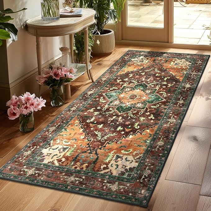 Yamaziot Washable Runner Rug, 3x6 Non-Slip Boho Vintage Hallway Rug with Rubber Backing, Low Pile Faux Wool Distressed Carpet Runner for Bedroom, Kitchen, Laundry, Entrance
