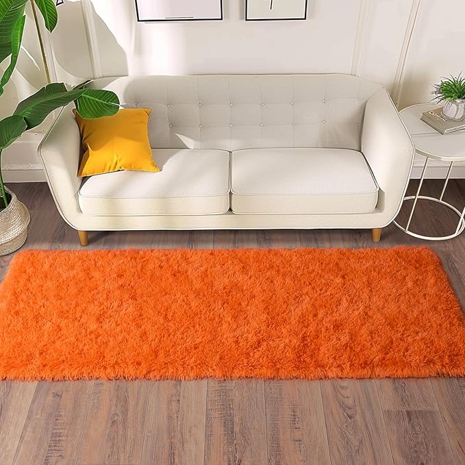 Soft Runner Rugs for Bedroom Hallways, 2x6 Orange Fluffy Shag Throw Area Rug Non Slip for Bedside Dorm, Long Shaggy Furry Carpet for Nursery Living Room