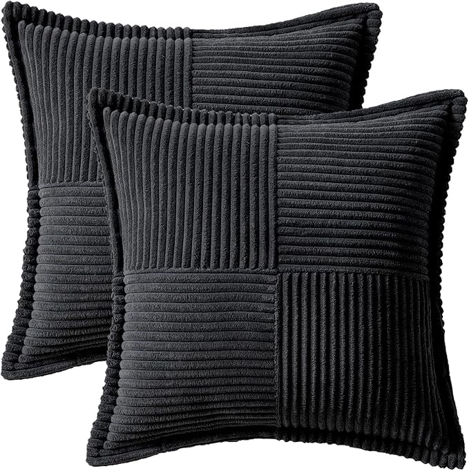 MIULEE Decorative Throw Pillow Covers for Couch Bed Livingroom 18x18 Inch Set of 2 Black Boho Accent Throw Pllows Broadside Striped Patchwork Soft Corduroy Pillowcases