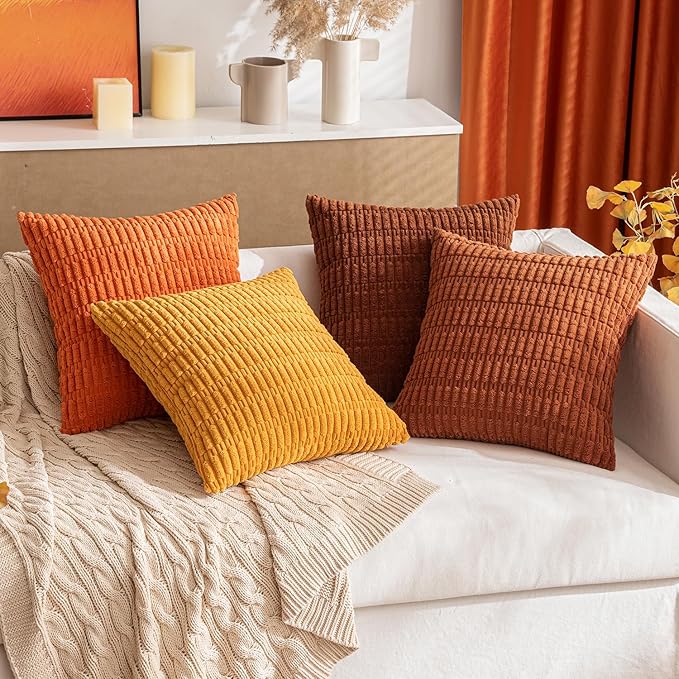 MIULEE Pack of 2 Dark Rust Corduroy Decorative Pillow Covers 18x18 Inch Soft Boho Striped Throw Pillow Covers Modern Farmhouse Home Decor for Summer Sofa Living Room Couch Bed