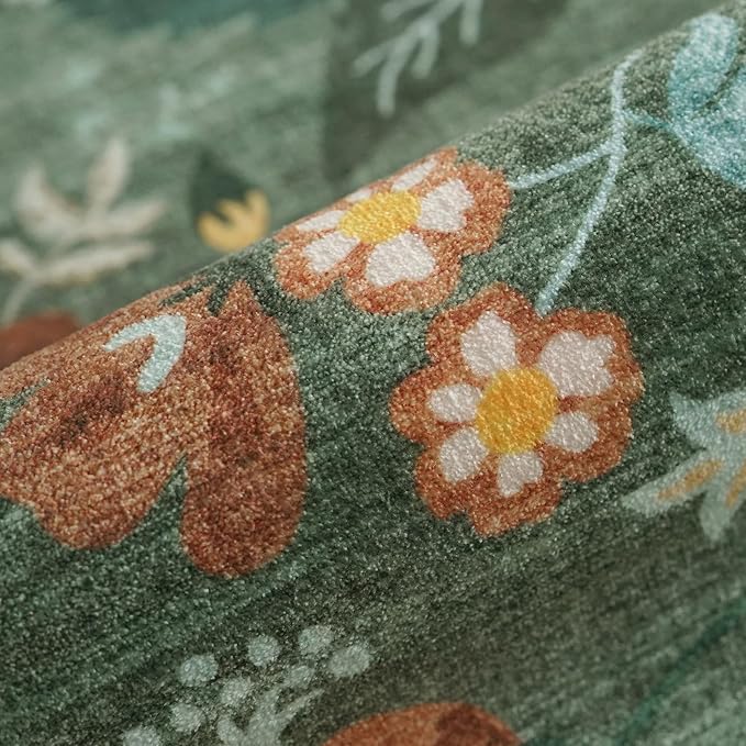 Washable Floral 2x3 Area Rug: Indoor Soft Scalloped Carpet for Entryway Kitchen Nursery Non-Slip Water Resistant Bathroom Laundry Floor Mat Low Pile Durable Door Mat(2x3 Floral/Green)
