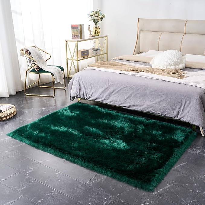 EasyJoy Ultra Soft Fluffy Shaggy Area Rug Faux Fur Rug Chair Cover Seat Pad Fuzzy Area Rug for Bedroom Floor Sofa Living Room (4 x 6 ft Rectangle, Dark Green)
