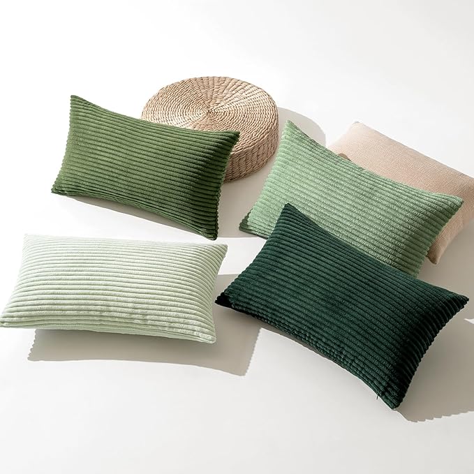 MIULEE Boho Farmhouse Sage Green Throw Pillow Covers 12x20 Inch Set of 4 Mordern Nordic Cushion Covers Soft Corduroy Spring Home Decor for Couch Bed Sofa Living Room Forest Green