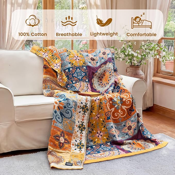 MSGKV Boho Throw Blanket for Bed 90"x108" 100% Cotton Blanket Spring Breathable Lightweight King Size Blankets Home Decor Muslin All Seasons
