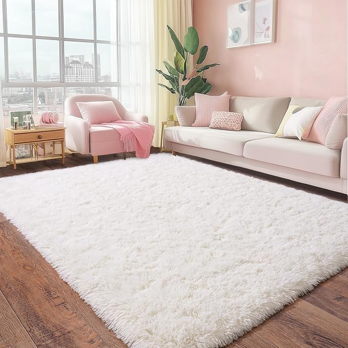 Pionblank Super Fluffy Area Rug for Bedroom 5x7, Modern Indoor Shag Carpet, Soft Plush Non Slip Rugs for Living Room Kids Room Cloakroom Home Decor, Cream White