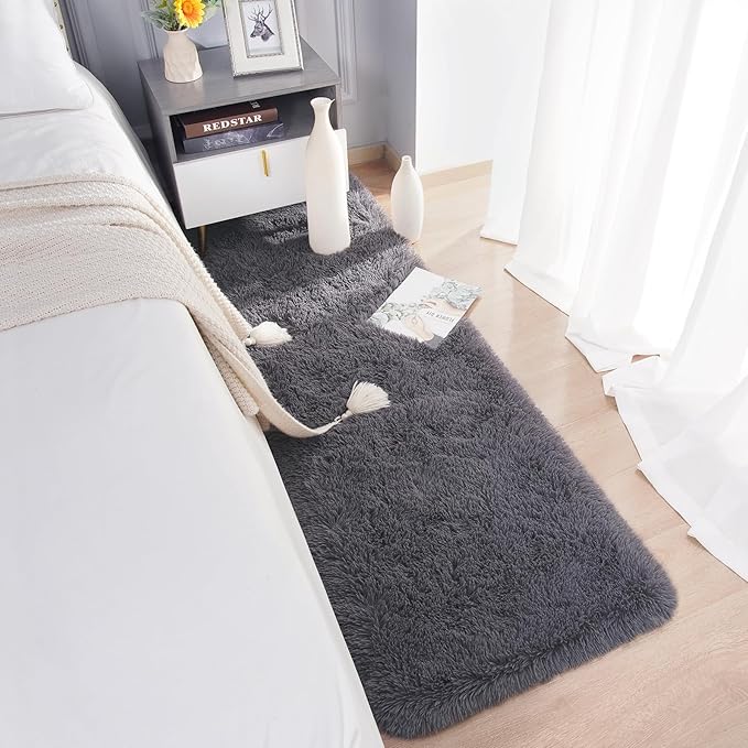 Chicrug Soft Runner Rugs for Bedroom Living Room Plush Fluffy Rug 2x10 Feet, Shag Furry Area Rug Carpet Non Shedding for Nursery Children Kids Girls Room Home Decorative, Coal Grey