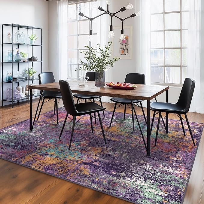 Washable Area Rugs 5'x8' Non-Slip Modern Abstract Soft for Living Room Entryway Bedroom Nursery, Print Pattern, Purple Orange Blue Green Rust Red Colorful