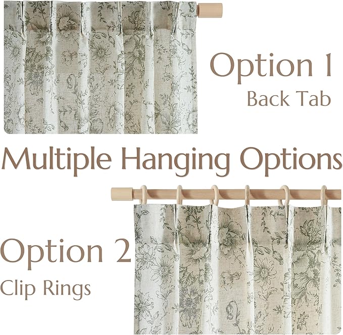 jinchan Pinch Pleated Curtains Floral Linen Blend Curtains for Living Room 84 Inches Length Green Peony Flower Printed Curtain Rod Pocket Back Tab Farmhouse Drapes with Hooks Set 2 Panels
