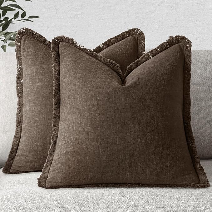 MIULEE Decorative Throw Pillow Covers Neutral Linen Fringe Throw Pillows Euro Shams Set of 2 Chocolate Brown Boho Farmhouse Cushion Covers for Couch Sofa Bed Living Room Spring Home Decor 26x26 Inch