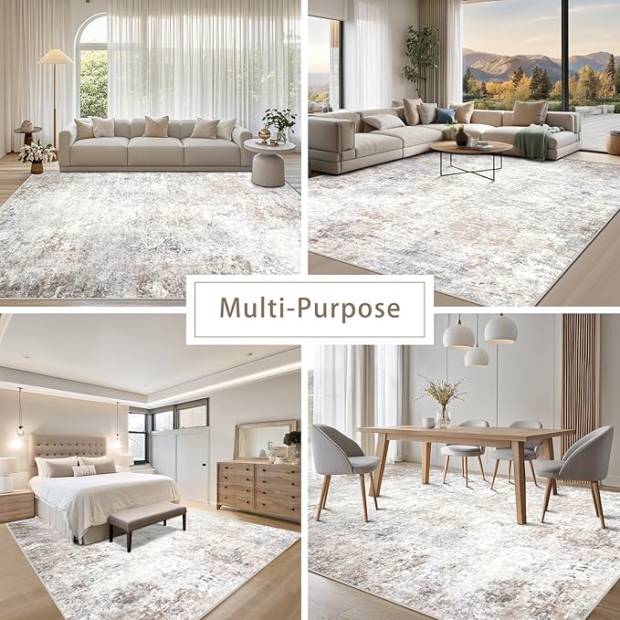 Srugn Washable Rugs 10x14 Area Rugs for Living Room,Modern Abstract Rugs for Bedroom,Large Carpets,Ultra Soft Faux Wool Retro Dining Room Rug,Non Slip&Non-Shedding Low Pile Print Rug- Beige Grey