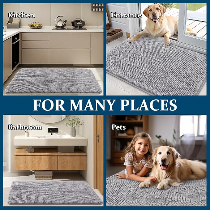 OLANLY Dog Door Mat for Muddy Paws 54x24, Absorbs Moisture and Dirt, Absorbent Non-Slip Washable Doormat, Quick Dry Chenille Mud Mat for Dogs, Entry Indoor Entryway Carpet for Inside Floor, Light Grey