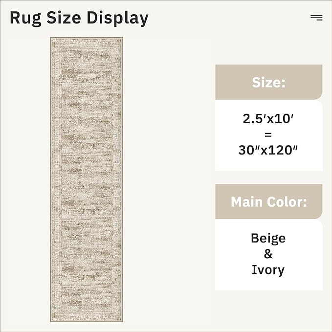 Runner Rug 2'6" x 10' Washable Non-Slip Runner Rugs for Kitchen Bathroom Laundry Room Vintage Ultra Thin Runners for Hallway Entryway Brown