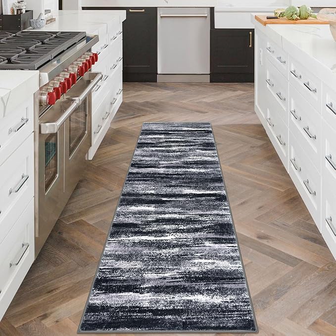 Lansny Modern Abstract Runner Rug 2x6, Black Grey Washable Entryway Runner Non-Slip Soft Hallway Rug Runner Thin Print Faux Wool Carpet for Kitchen Bedroom Laundry Room Indoor