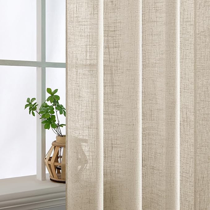 MIULEE Beige Linen Curtains 108 Inches Long 2 Panels for Bedroom Living Room, Soft Linen Textured Window Drapes Semi Sheer Light Filtering Back Tab Rod Pocket Farmhouse Modern Burlap Look Decor