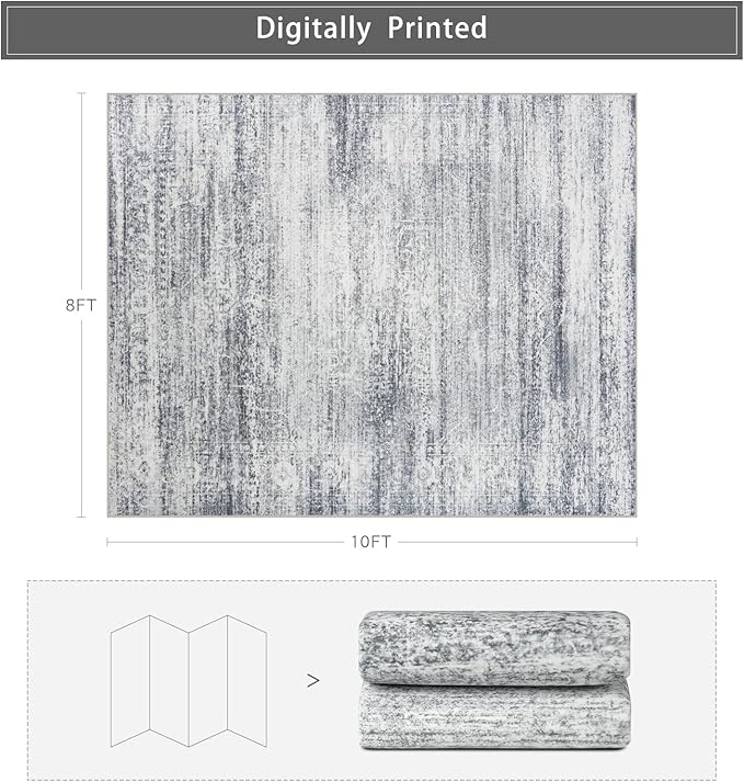 Srugn Washable Rugs 8x10 Area Rugs for Living Room,Rugs for Bedroom,Large Carpets,Ultra Soft Faux Wool Retro Dining Room Rug,Non Slip&Non-Shedding Low Pile Vintage Print Rug for Home Office-Grey Cream
