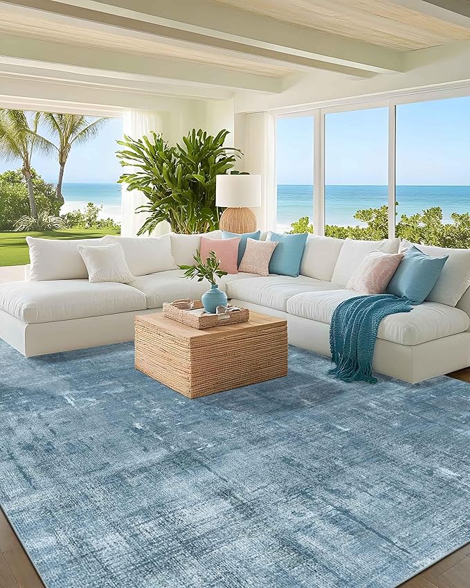 Latte&Fog 8x10 Area Rugs for Living Room, Large Blue Modern Abstract Washable Rug, Boho Non Slip Low Pile Carpet for Indoor Bedroom Dining Room, Office, Dorm, Classroom, Farmhouse and Kids Room - Blue