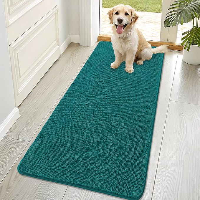 OLANLY Dog Door Mat for Muddy Paws 70x32, Absorbs Moisture and Dirt, Absorbent Non-Slip Washable Doormat, Quick Dry Chenille Mud Mat for Dogs, Entry Indoor Entryway Carpet for Inside Floor, Lake Blue