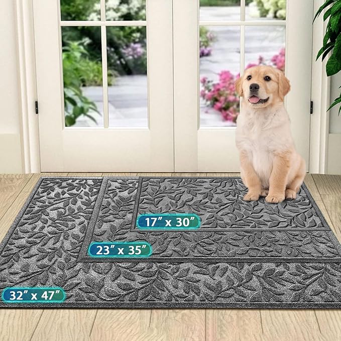 Bulijojo Sturdy Front Entrance Doormats,Durable Heavy Duty Welcome Mat,Thick Absorbent Natural Rubber Non Slip Mat,Easy Clean Entryway Mat Leaves Grey, 47" x 32"