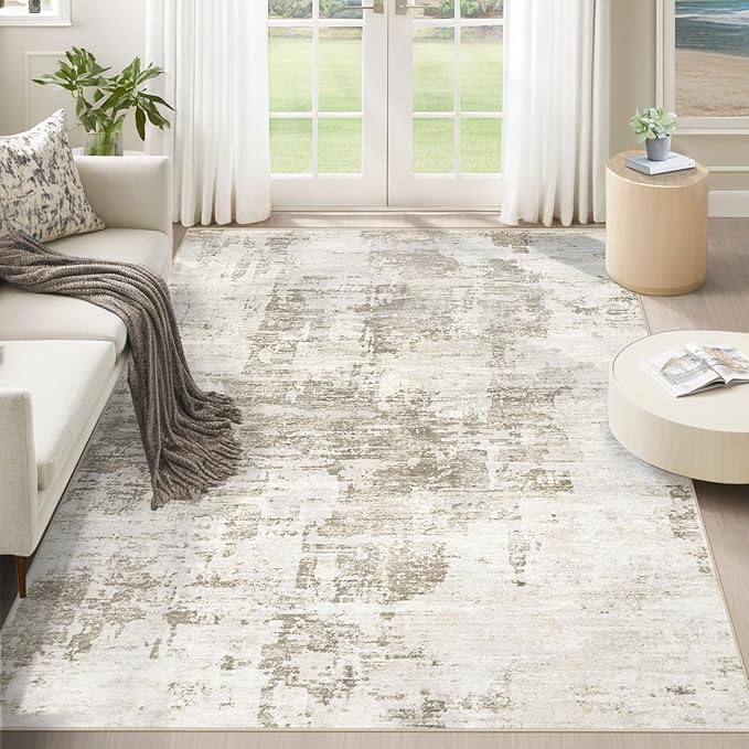 XLUEZ 5x7 Area Rugs for Living Room, Washable Modern Abstract Large Area Rug Neutral Soft Non Slip Kids Rug Stain Resistant Indoor Carpet for Bedroom Nursery Dining Room Playroom(BeigeBrown, 5'x7')
