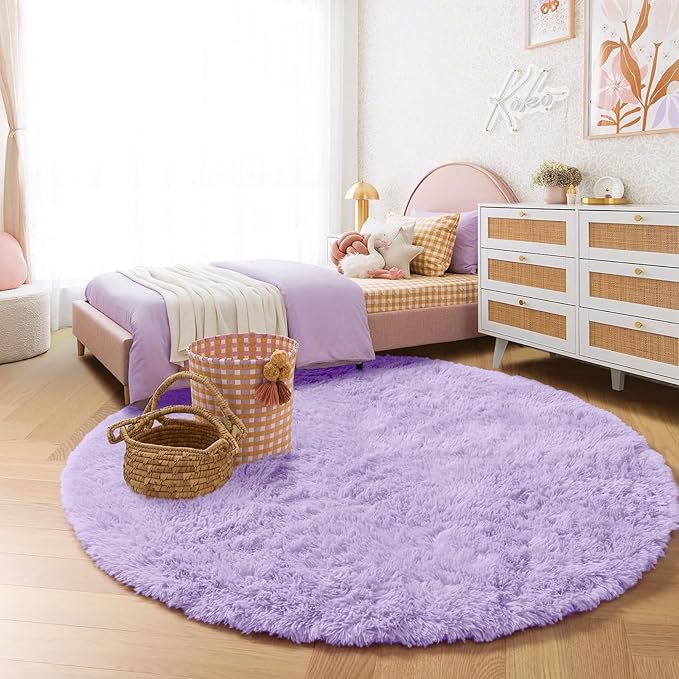 Amdrebio Light Purple Round Circle Rug 5Ft for Girls Bedroom, Fluffy Fuzzy Area Rugs for Kids Room Decor Aesthetic, Cute Furry Shaggy Circular Princess Carpet for Playroom, Baby Nursery, Preppy Dorm