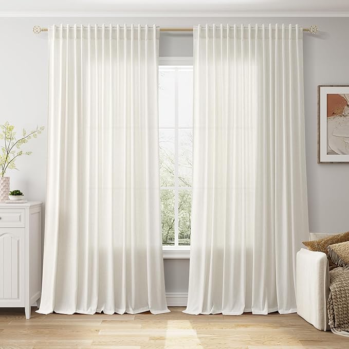 Nanspring Extra Wide Linen Curtains for Living Room 108 Inch Length for Room Divider Natural Cream Rustic Farmhouse Drape Rod Pocket Back Tab Light Filtering Bedroom Window Curtain for Sliding Door