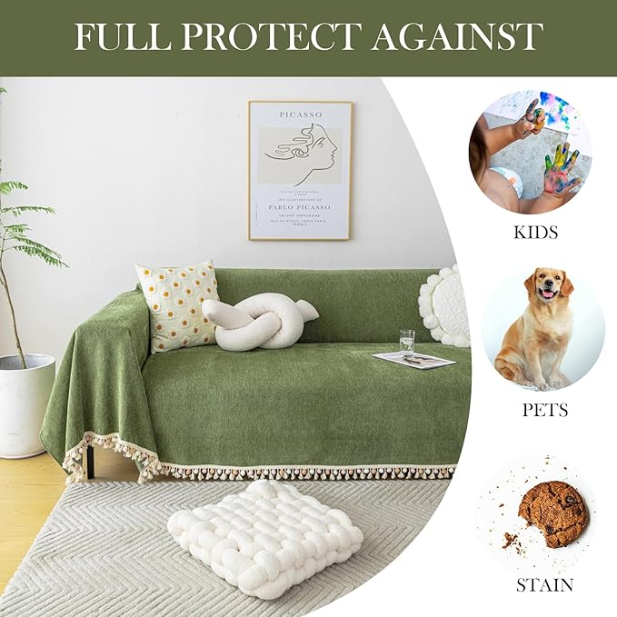 HANDONTIME Green Sofa Cover Vintage Couch Cover for Dogs 91" X118" Couch Cushion Covers with Tassel Herringbone Sofa Cover Boho Sofa Covers for 3 Cushion Couch Chenille Soft Loveseat Sofa Covers
