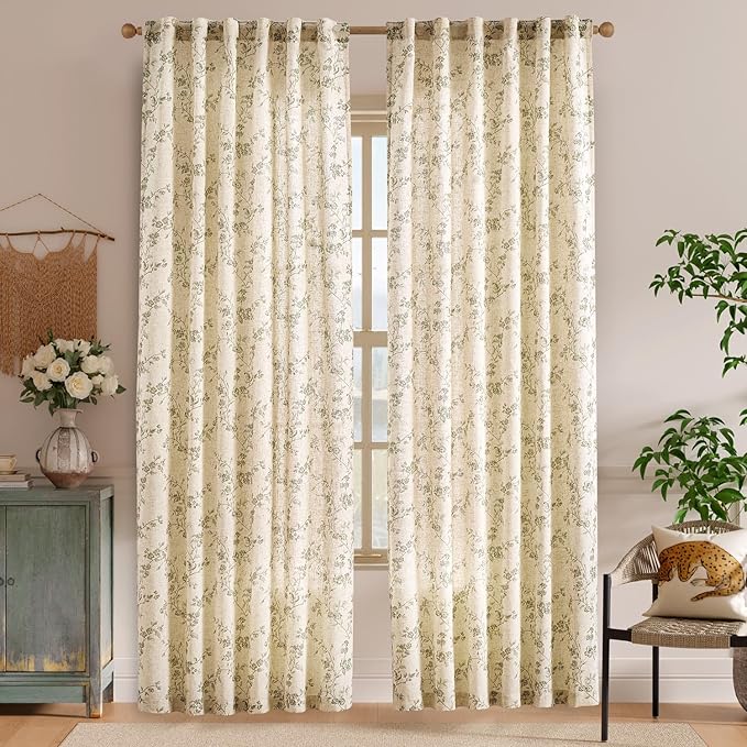 Lazzzy 90 inch Long Curtain for Bedroom Green Floral Linen Drapes for Living Room Farmhouse Country Vintage Light Filtering Curtains Rod Pocket Back Tab, 2 Panels, Green on Beige