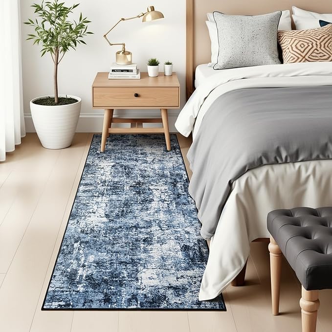 Rugflix 2x8 Runner Rug for Entryway, Kitchen Rugs Soft Non-Slip Washable Runners for Hallway, Abstract Small Carpet with Non-Slip Rubber for Bedroom, Living Room, Navy Blue/Black