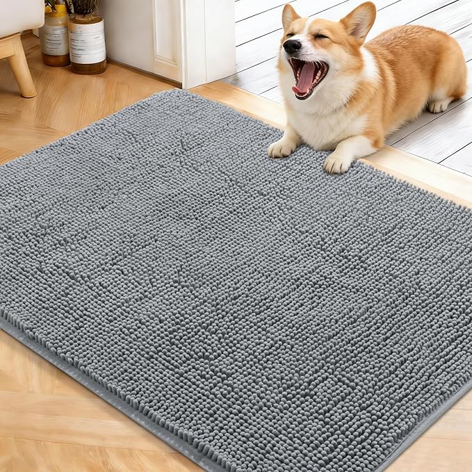 OLANLY Dog Door Mat for Muddy Paws 40x32, Absorbs Moisture and Dirt, Absorbent Non-Slip Washable Doormat, Quick Dry Chenille Mud Mat for Dogs, Entry Indoor Entryway Carpet for Inside Floor, Grey