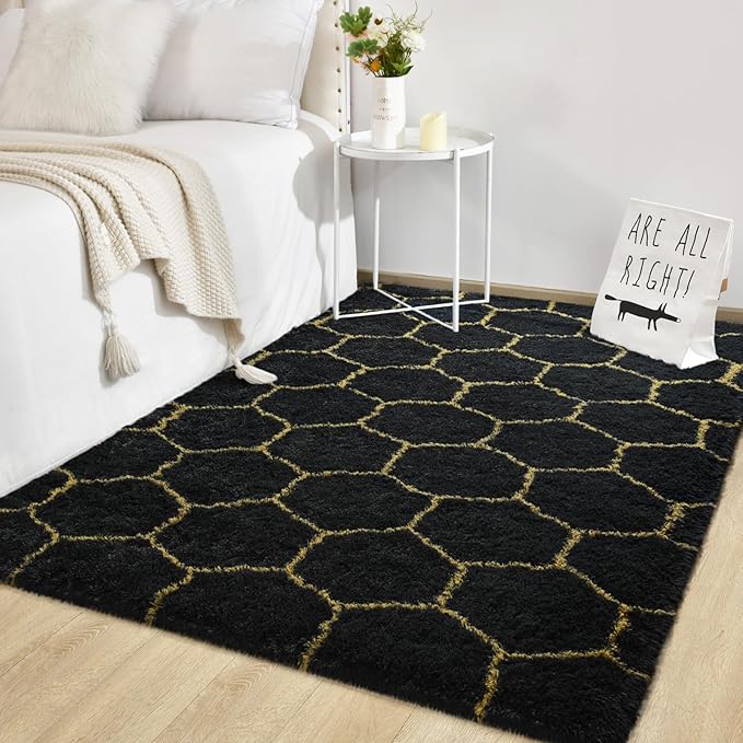 TWINNIS Super Soft Shaggy Rugs Fluffy Carpets, 4x5.9 Feet, Indoor Modern Plush Area Rugs for Living Room Bedroom Kids Room Nursery Home Decor, Upgrade Anti-Skid Rectangular Fuzzy Rug, Black Gold