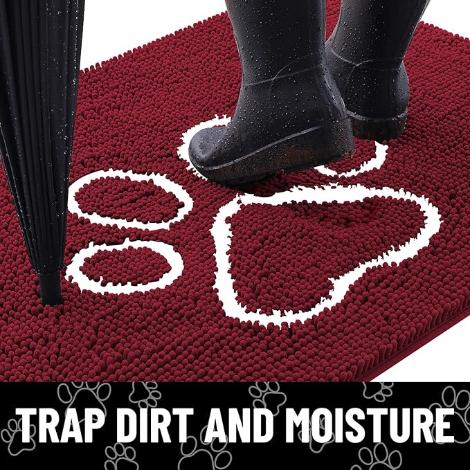 Smiry Dog Door Mat for Muddy Paws, Absorbent Dirt Trapper Non Slip Quick Dry Washable Chenille Mat for Mud Dogs, Entry Rug for Indoor and Outdoor (24x16 Inches, Burgundy and White)