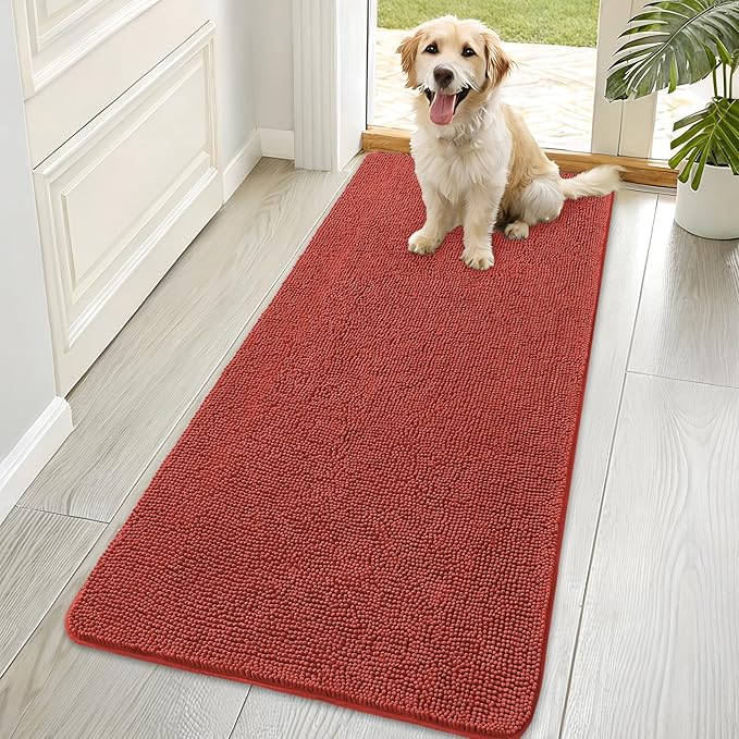 OLANLY Dog Door Mat for Muddy Paws 70x35, Absorbs Moisture and Dirt, Absorbent Non-Slip Washable Doormat, Quick Dry Chenille Mud Mat for Dogs, Entry Indoor Entryway Carpet for Inside Floor, Maple Red