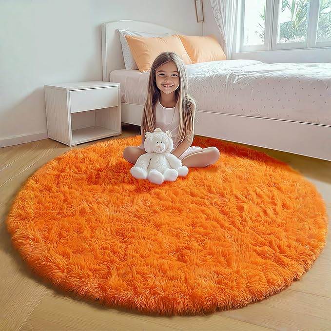 ONASAR Orange Round Area Rugs 4ft for Bedroom Living Room, Fluffy Circle Rug for Kids Girls Boys Teen, Soft Plush Shaggy Carpet for Nursery Dorm Classroom Playroom Home Decor Aesthetic