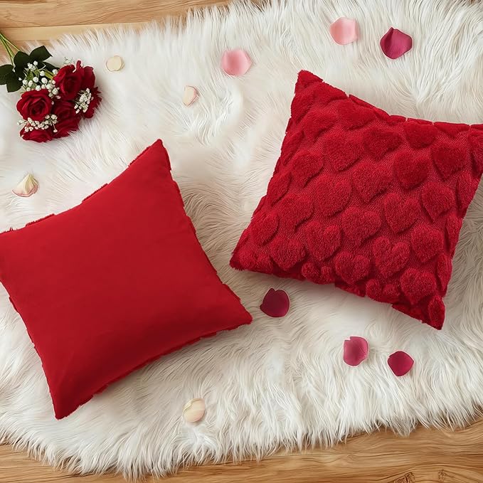 decorUhome Valentine’s Day Soft Plush Throw Pillow Covers 16x16 Inch Set of 2, Faux Fur Red Heart Decoration Neutral Square Pillow Covers for Couch Sofa Bed Cozy Farmhouse Holiday Decor