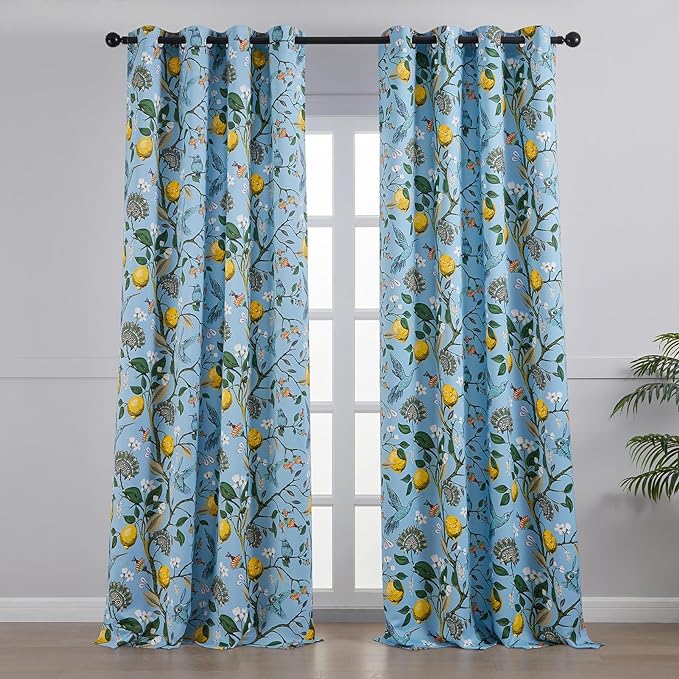 Topfinel Blue Patterned Curtains 2 Pages 96 Inches Long Blackout Heat Block Farmhouse Watercolor Floral Flower Hummingbird Printed Drapes Grommet Window Treatment for Living Room,96 Inch Length